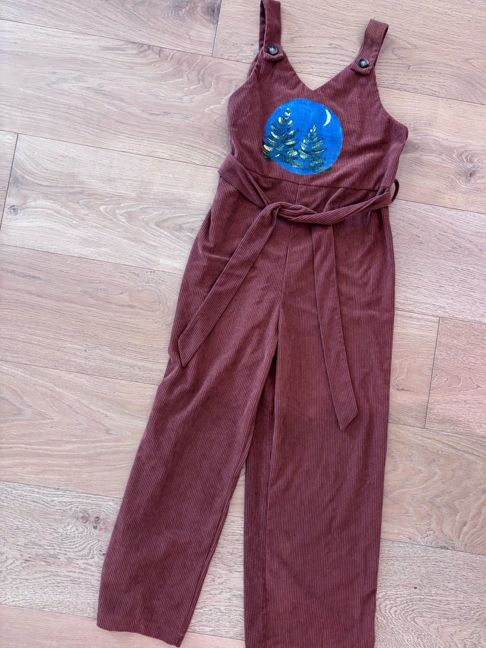 Hand painted Rust Brown Corduroy Jumpsuit with Moonlit Forest Artwork